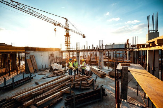 Construction site with tower crane at sunset